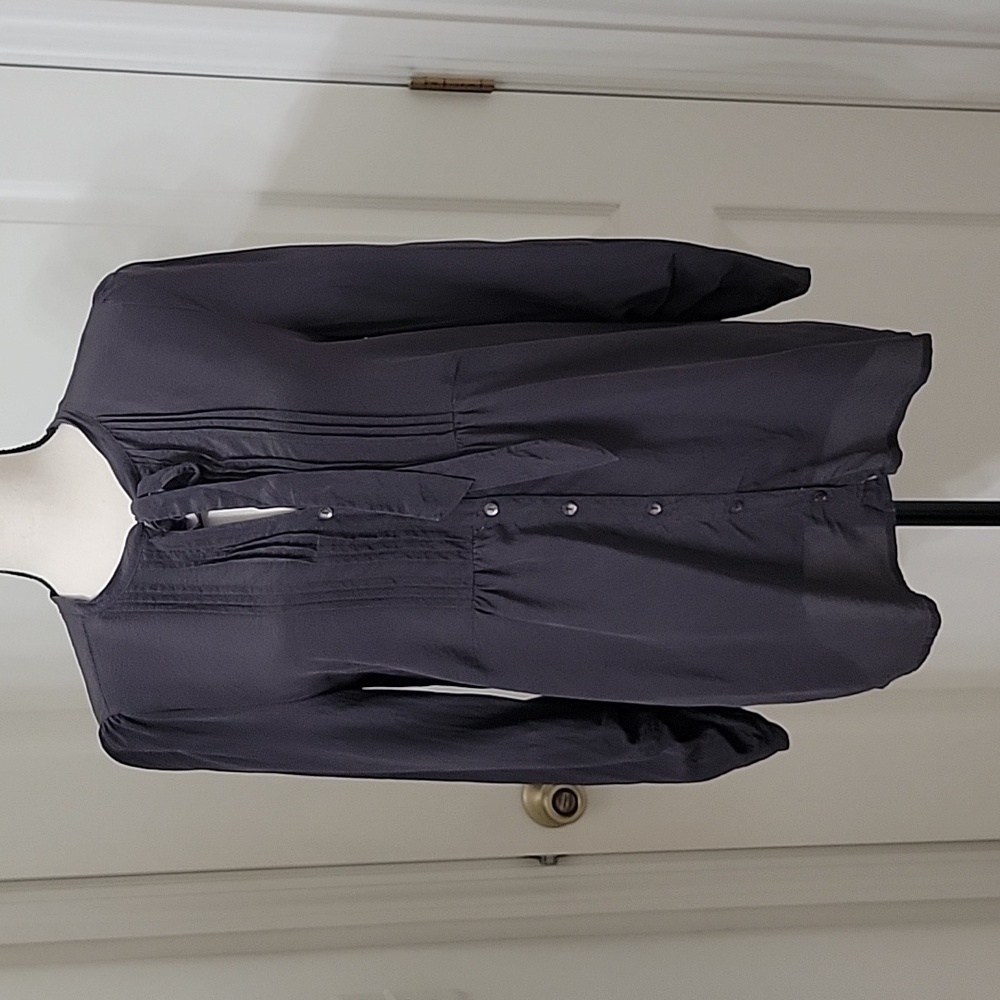 Anthropologie Odille Size 4 Gray 100% Silk Pintuck 3/4 Sleeve Button Down Shirt